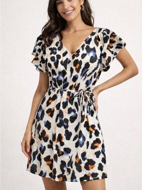 V-Neck Short Sleeve Tie-Waist Animal Print Dress - Cream/Black/Blue/Orange